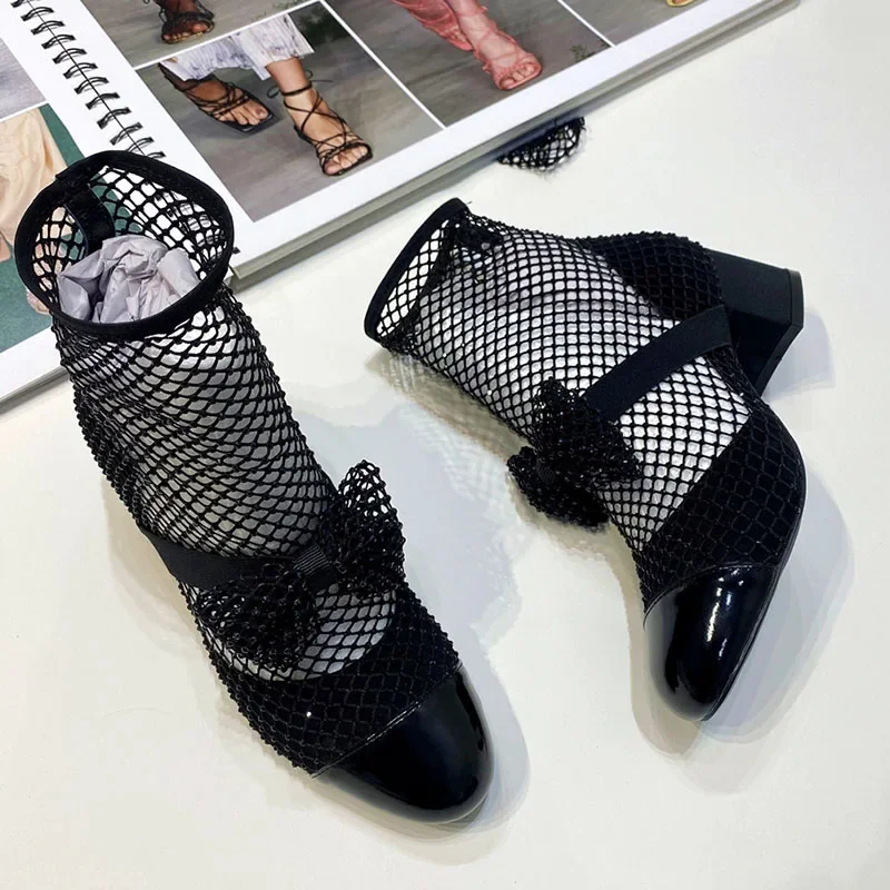 Большой размер 46 женские летние короткие сапоги в сеточку с бриллиантами низкие