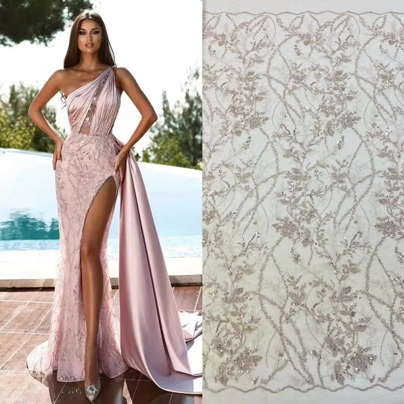 

Embroidery French Tulle Lace For Party Nigerian Handmade Beads Luxury Sequines Lace Fabric Wedding TS2385