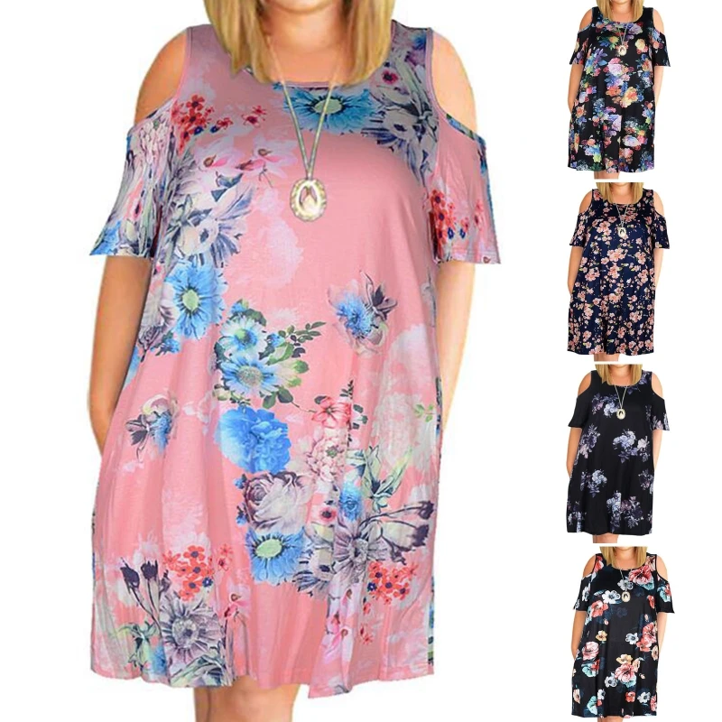 

Women Plus Size Short Sleeve Cutout Cold Shoulder Midi Long Swing Dress Boho Floral Print A-Line Loose Beach Sundress