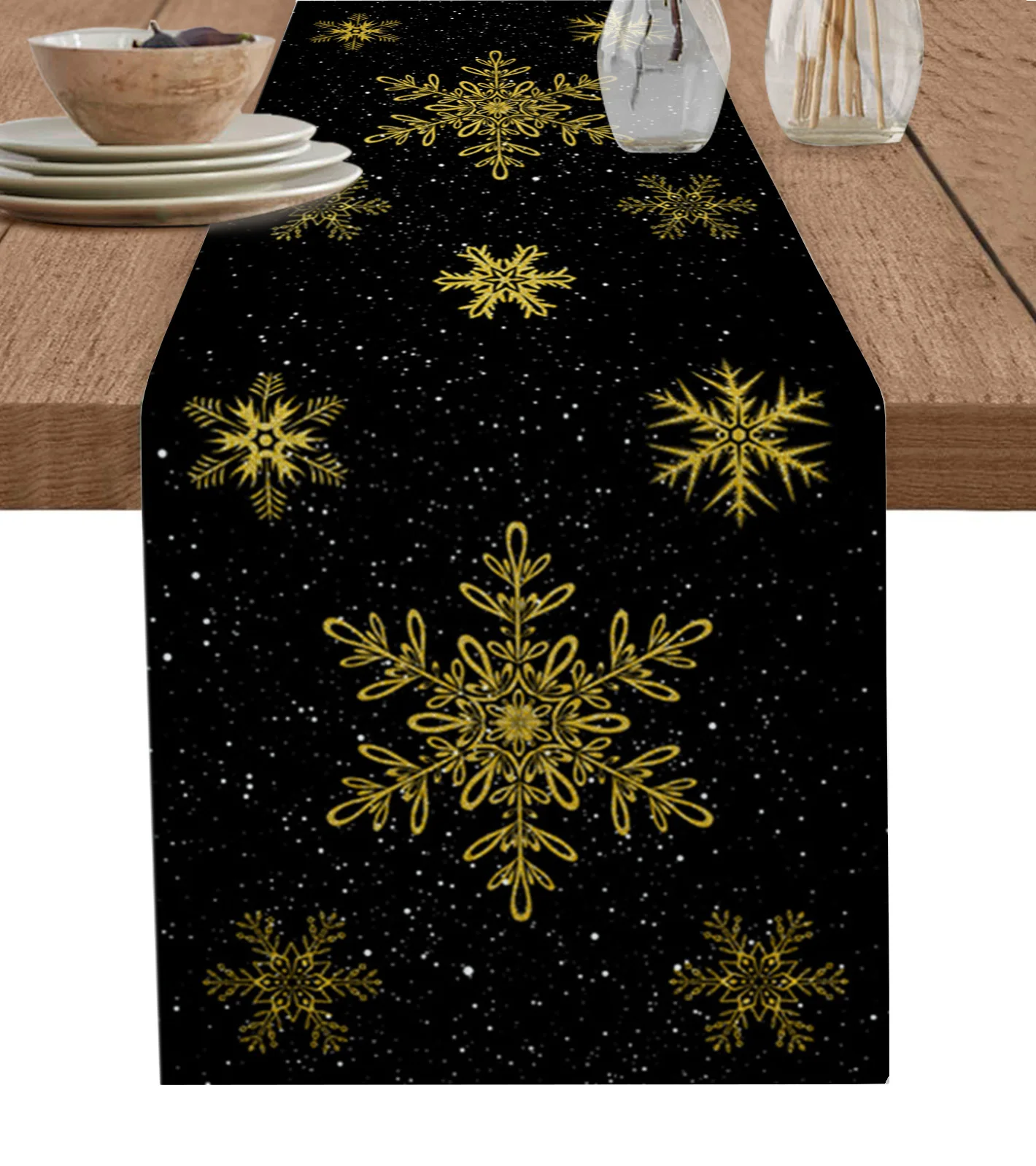 

Christmas Black Yellow Snowflakes Table Runner Home Wedding Table Flag Mat Table Centerpieces Decoration Party Long Tablecloth