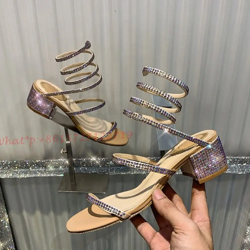 Sandalias de tacón bajo con cristales para mujer, calzado de lujo con tiras, ostentoso, para verano