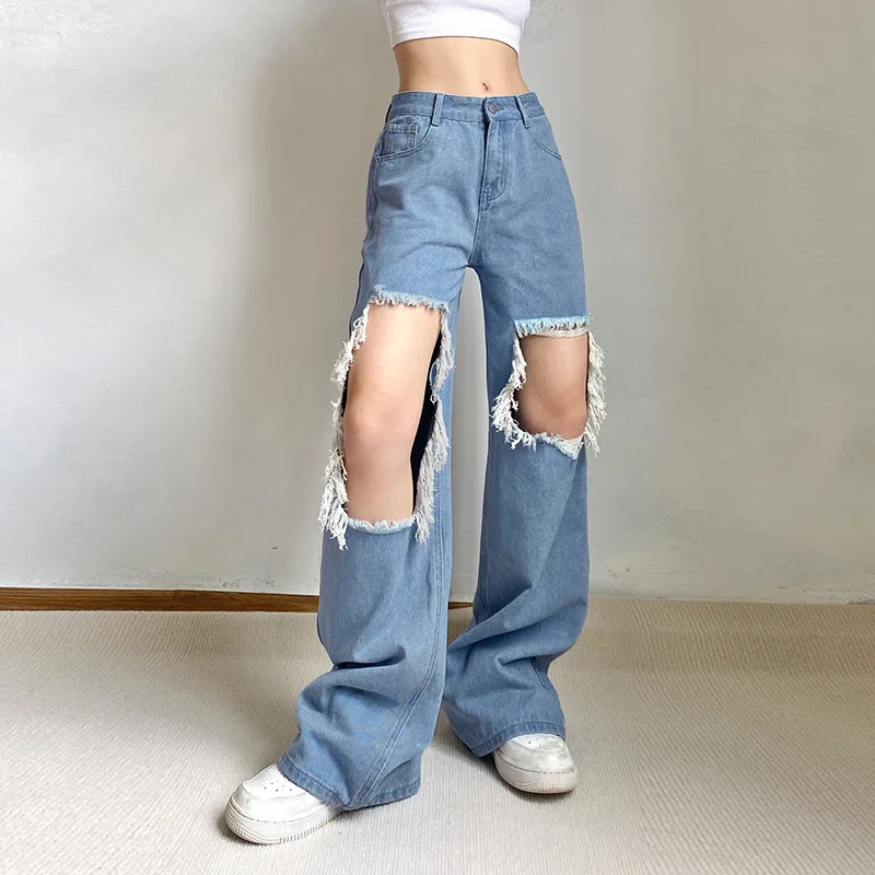 

2022 Summer Y2K Fashion Women's High-waisted Irregular Thin Ripped Loose Denim Straight-leg Pants Dropshipping