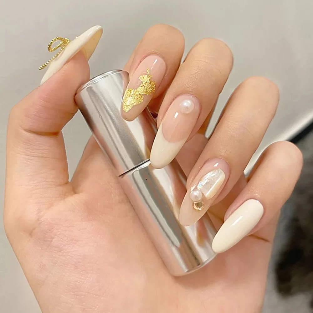 

24pcs/box Hairband Bow Pearl Fake Nails Long Pointed Gold Foil French Style Press On Nails False Nails With Glue Finger Tip Art
