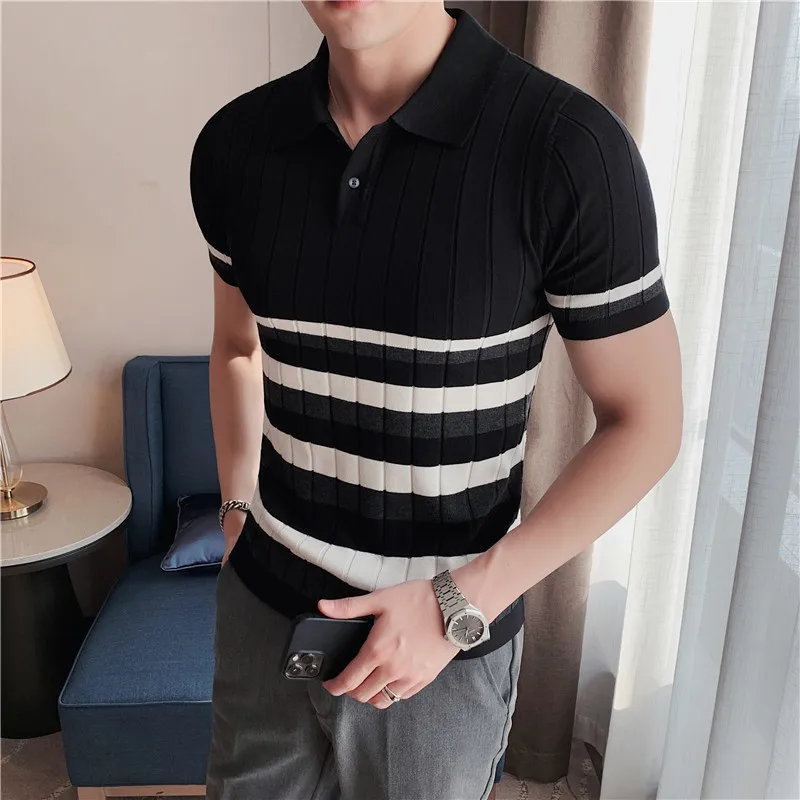 

British style Men's Fashion Lce Silk Stripe Knitting POLO Shirts/Male Slim Fit Short Sleeve leisure POLO Shirts S-3XL