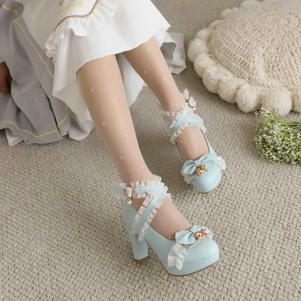 Women Sweet Bow Super High Heels Shoes Platform Bottom Work Cross Strap Pumps with Bell Girls Dress Wedding Footwear Big Size 46