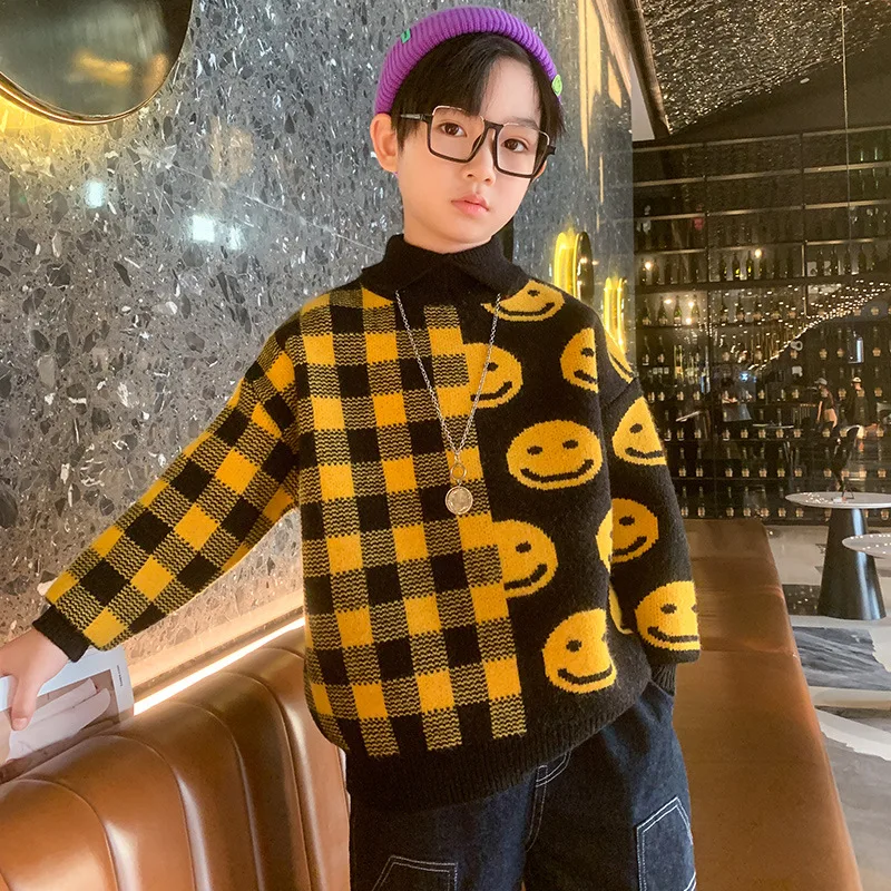 Autumn Children Clothes Plaid Boys Plaid Print Sweaters 8 10 Years Winter Turn Down Collar Fashion Casual Children Boys Clothes