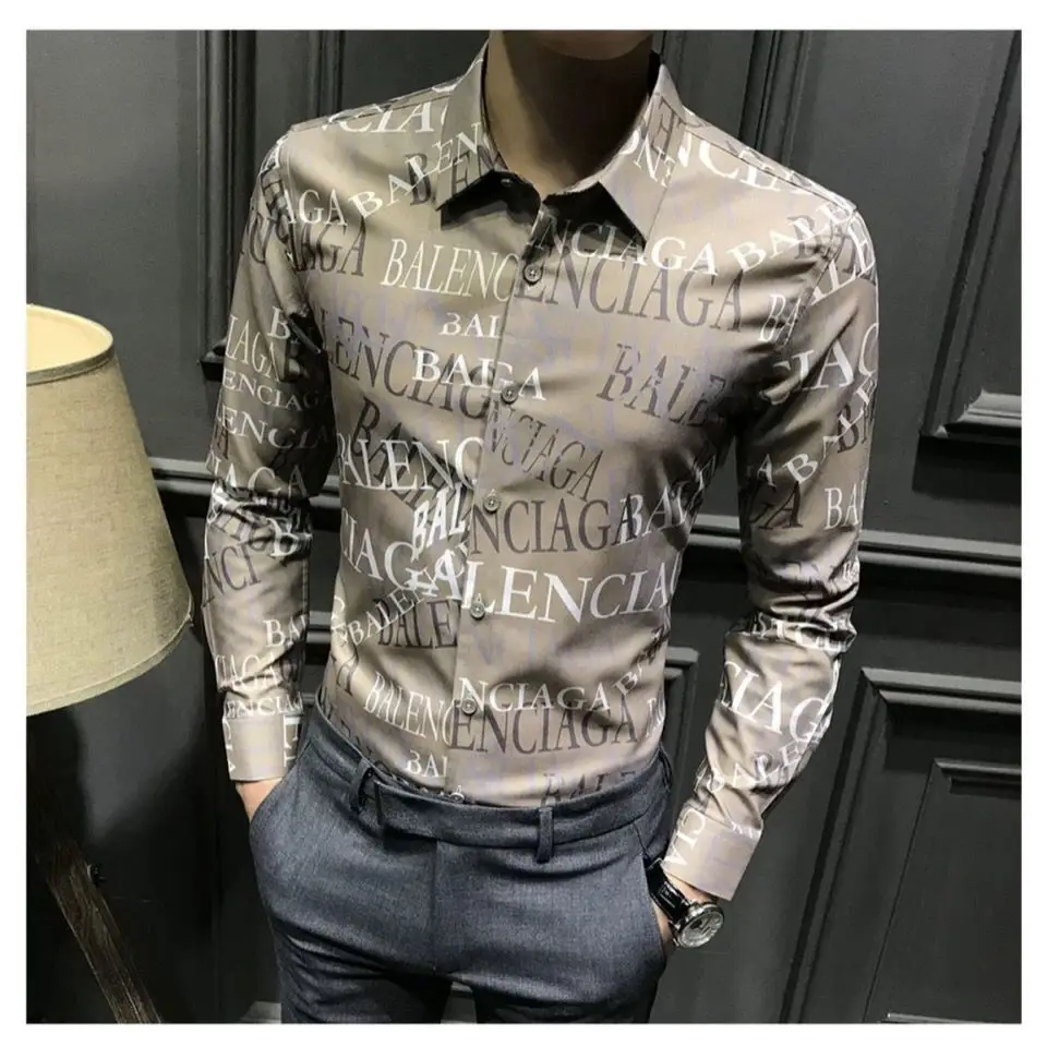 Autumn men's handsome letter printed shirt Korean slim trend casual shirt men's long sleeve tide brand shirt