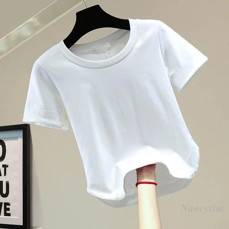 

Женский укороченный топ с завышенной талией, летняя облегающая простая хлопковая футболка, повседневная Универсальная футболка с круглым ...