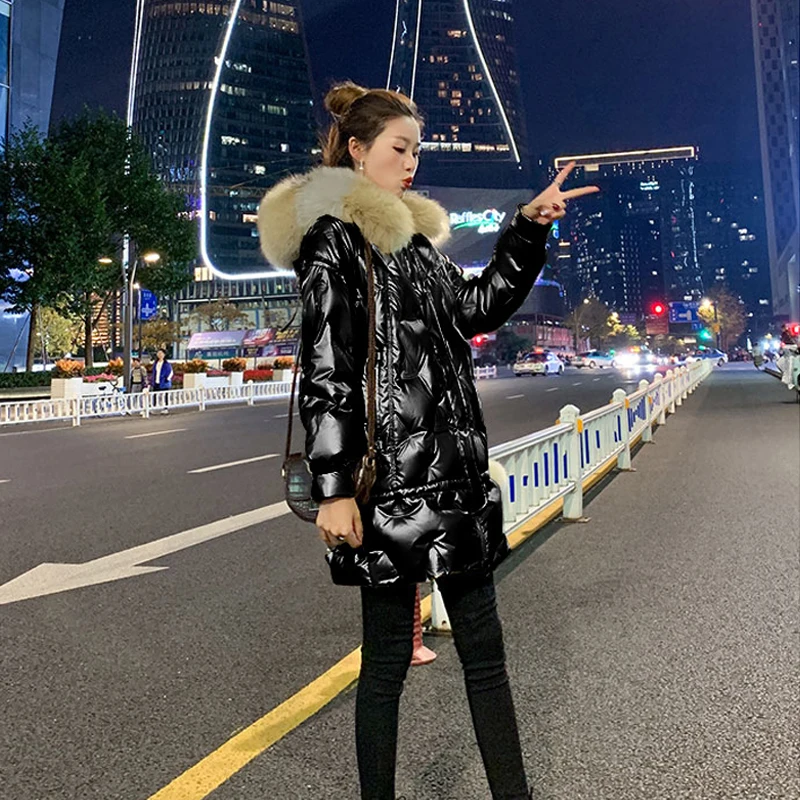 Maternity Winter Long Windbreaker Bright Face Down Padded Jacket Pregnancy Woman Hooded Thicken Loose Parkas With Big Fur Collar
