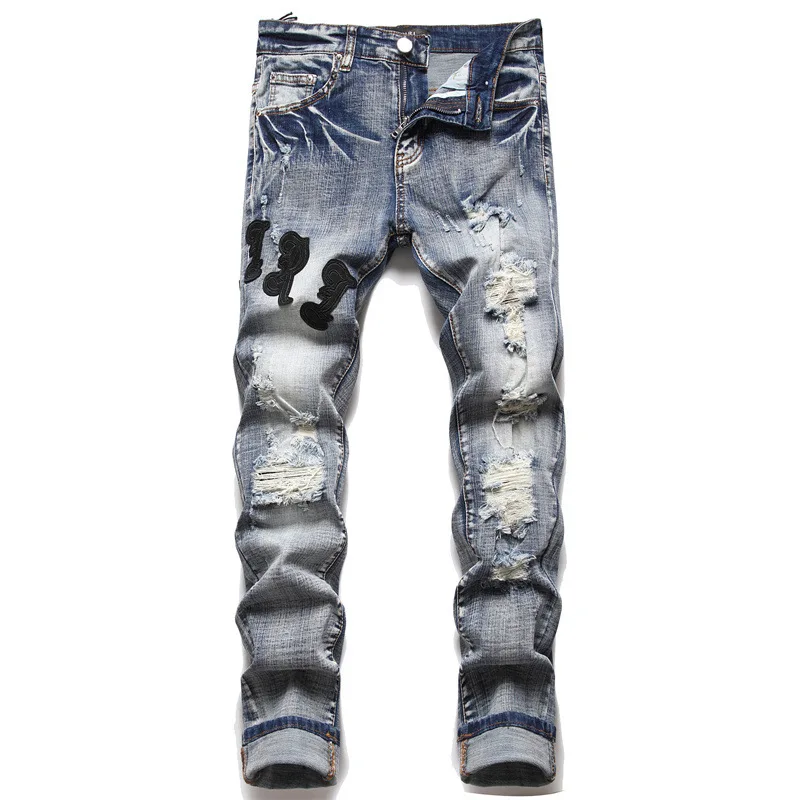 

Брюки-Карандаш мужские рваные, узкие джинсы из денима, уличная одежда в стиле панк/хип-стрит, мотоциклетная одежда, брюки с дырками в стиле хоп