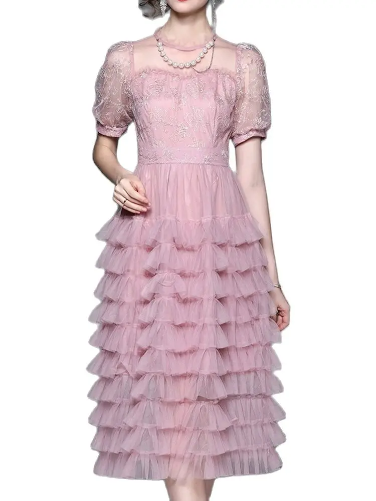 

Элегантная кружевная юбка с рукавами-пузырьками и высокой талией, тонкое Сетчатое платье из пряжи, Новинка лета 2022, модная женская одежда