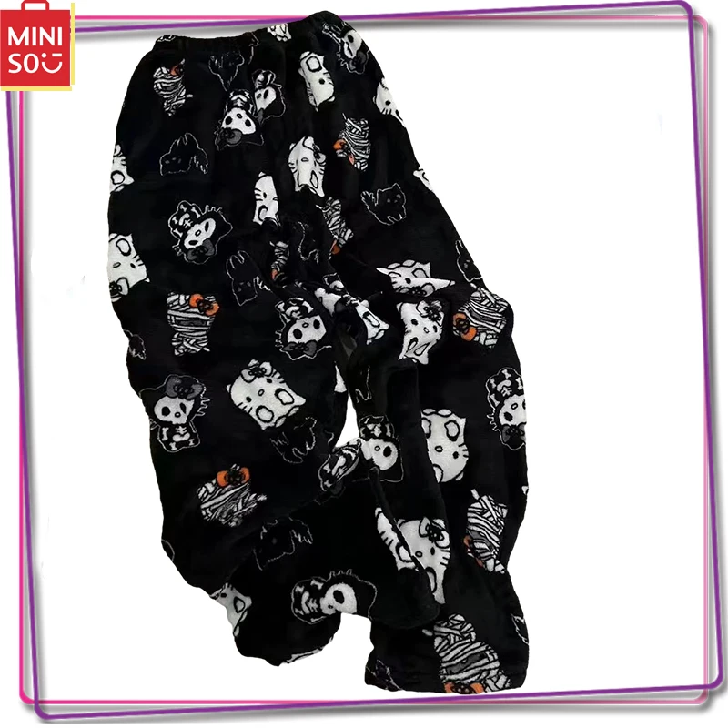 

New 2024 Miniso Sanrio Hello Kitty Kuromi Winter Pants Women's Y2K Cartoon Women's Pajamas Pants Home Warmth Flange Plush Pants