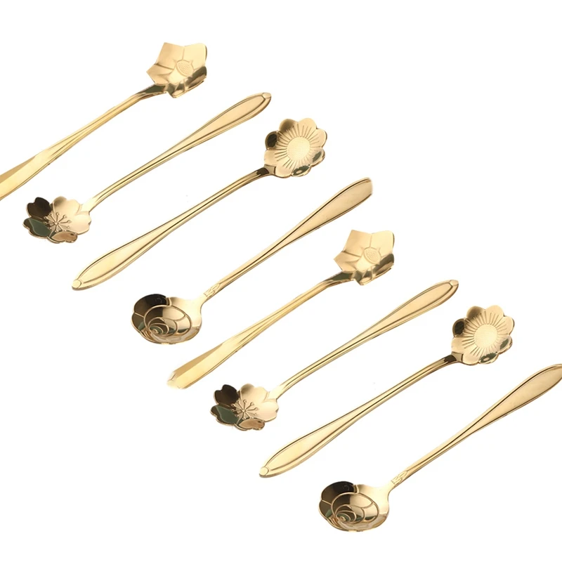 

8Pcs Cute Stainless Steel Flower Teaspoon Dessert Coffee Spoon Golden Sakura Rose Spoon