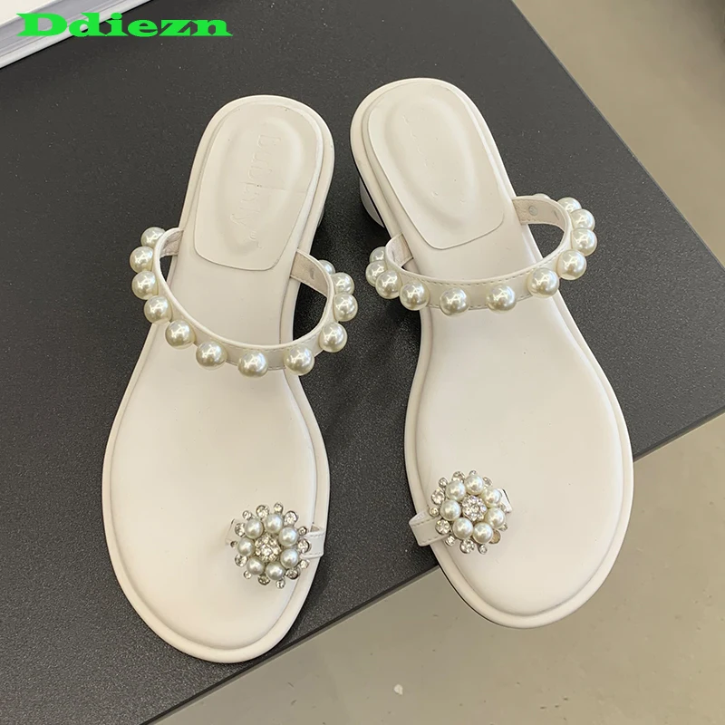 

Women Slippers Footwear Pumps Pearl Female Shoes Med Heels 2023 New Fashion Ladies Slides Casual Outside Round Toe Flip Flops