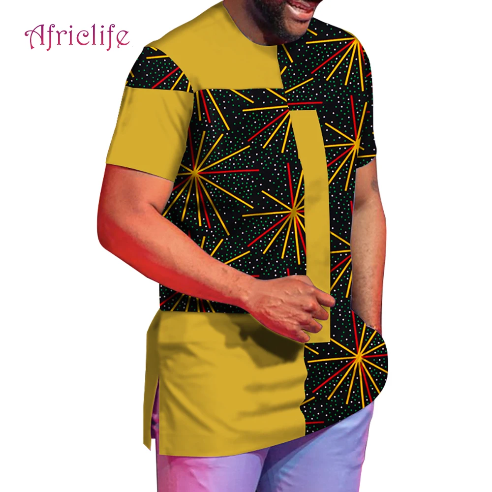 Ankara Style Men T Shirt Short Sleeve Male Top Summer Fashion Patchwork Bazin Riche Shirts Plus Size WYN1078 | Тематическая одежда