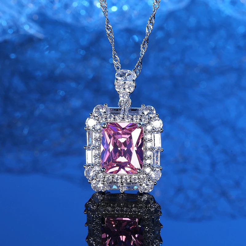 

S925 sterling silver high carbon diamond ice cut square pendant necklace inlaid with pink gemstones noble jewelry lady's wedding