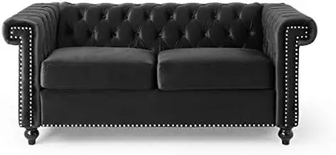 

Tufted Loveseat with Nailhead Trim - Velvet - Black/Dark Brown
