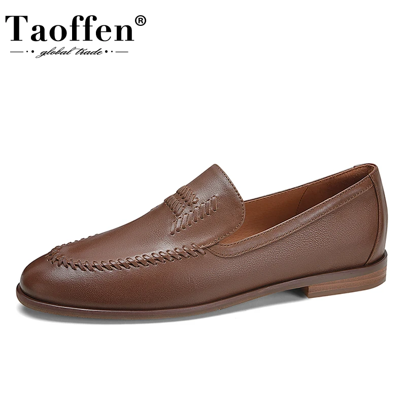 

Taoffen 2022 Real Leather Shoes For Women Flats Slip On Shallow Loafers Casual Outdoor Ins Fashion Ladies Footwear Size 34-40