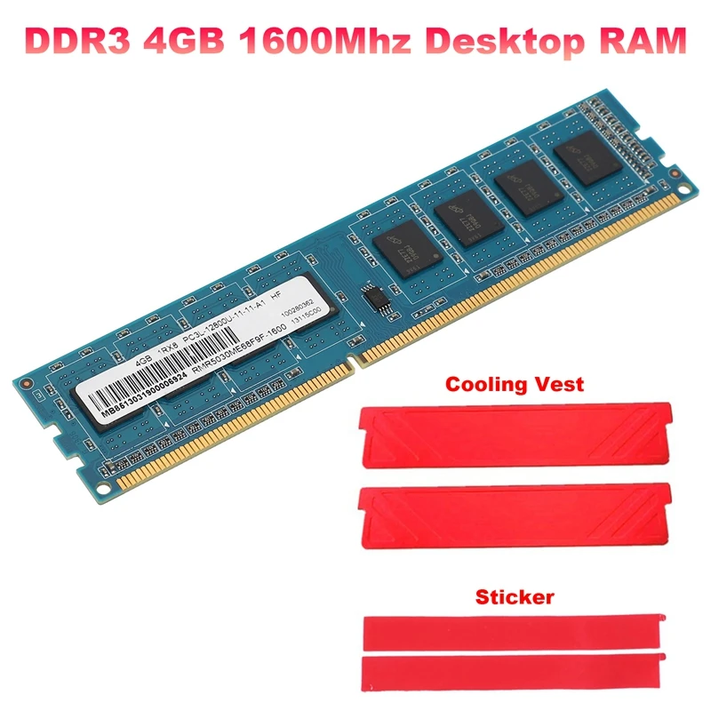 

Оперативная память DDR3 для настольного компьютера, ОЗУ 4 Гб 1600 МГц + охлаждающий жилет, 1RX8 PC3L-12800U, ОЗУ 240pin 1,35 в CL11 DIMM RAM для материнской платы AMD