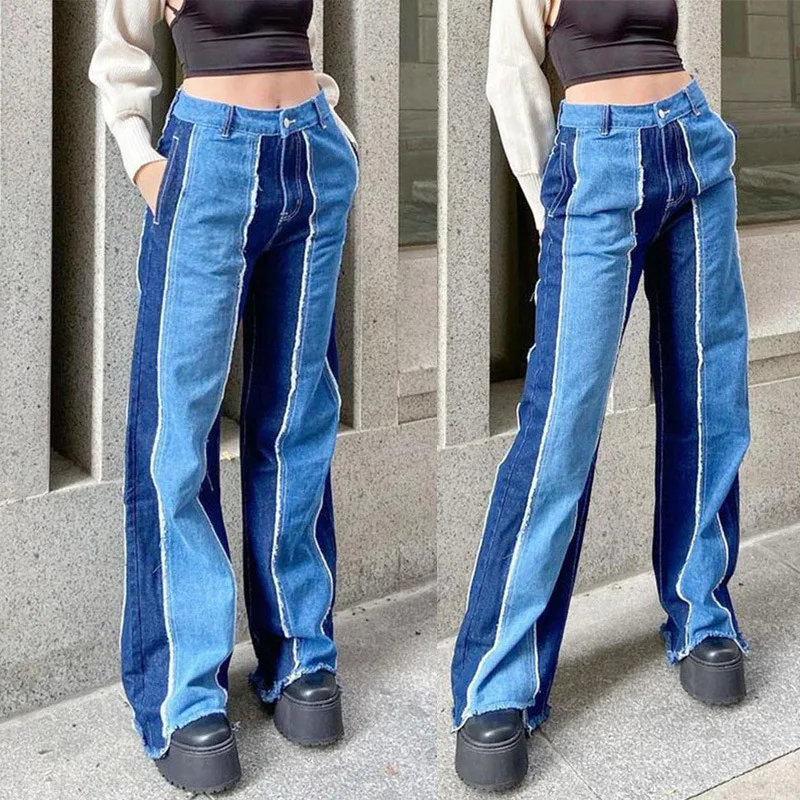 Casual Retro Patchwork Jeans Fringed Straight Jeans Women's Overalls Mom Retro Y2K Trousers Streetwear Blue 90S Boyfriend Jeans