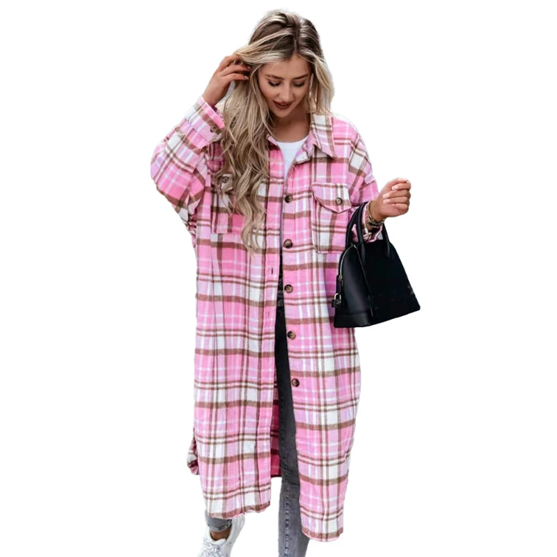 

ZITY New Long Shirt Women's Spring And Autumn Casual Loose Lapel Shirt Plaid Print Fashion Elegant Ladies Cardigan Coat Top