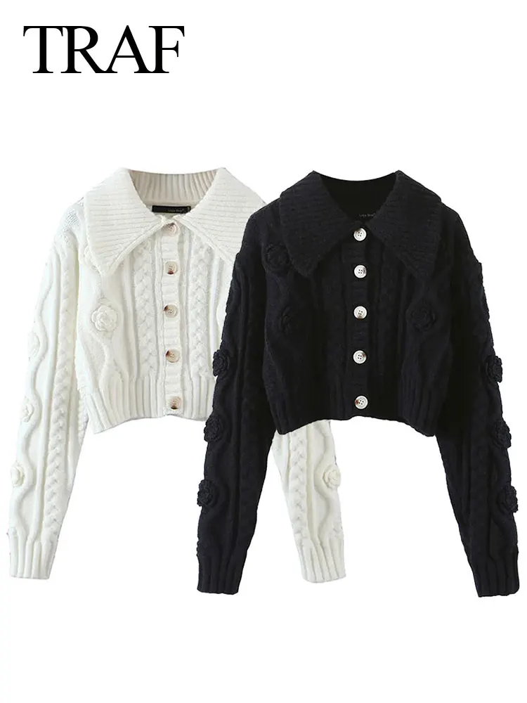 

TRAF Women's Knit Sweater Cardigan Lapel Sweet Slim Versatile Elegant Solid Color Simple 2022 Fashion New Trend Top Ladies