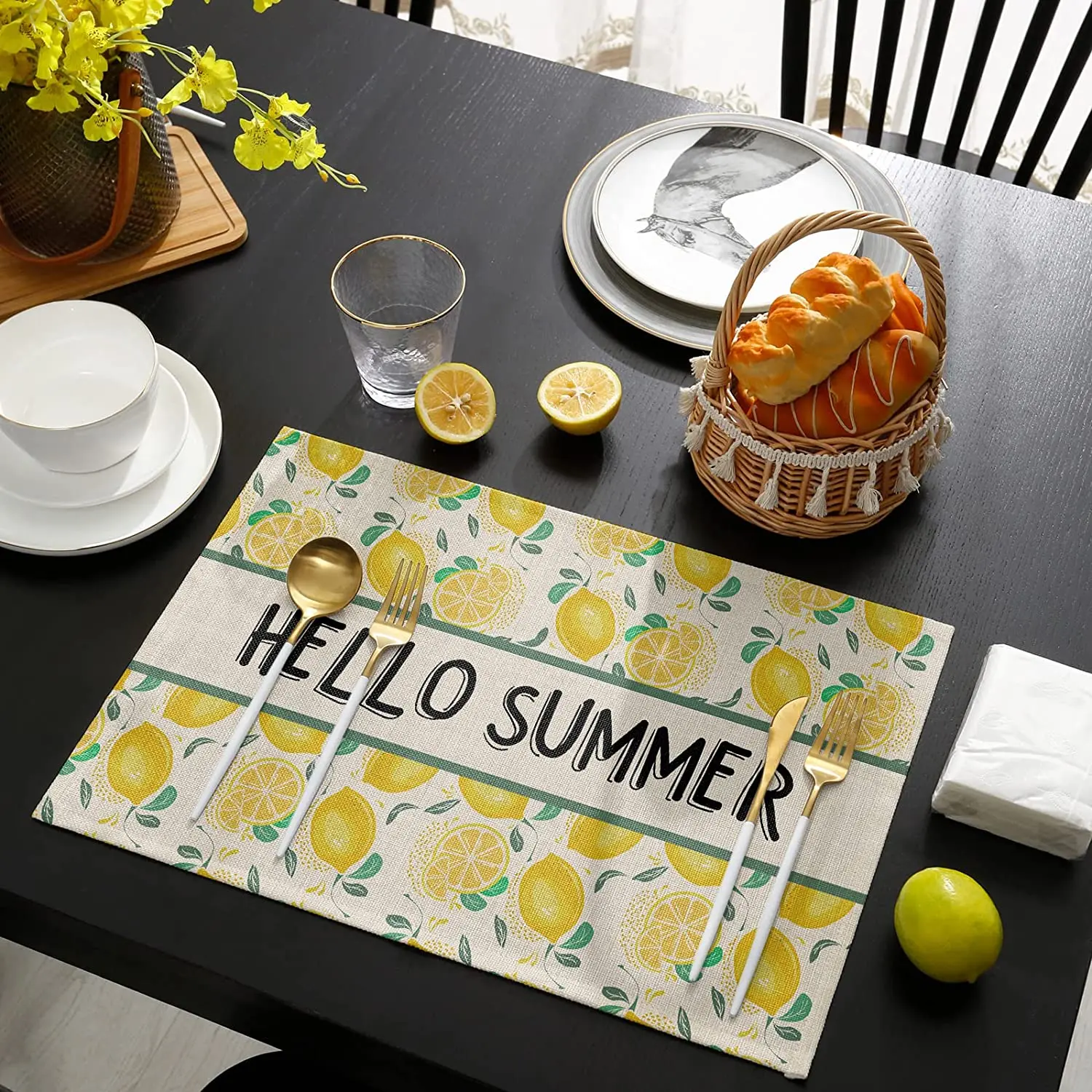 

Placemats Hello Summer Fruit SunshineLemon Watercolor Citrus Fruit Heat Resistant Place Mat for Dining Table Kitchen Home Decor