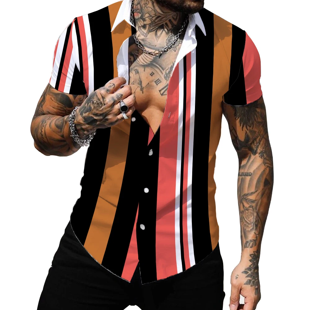 

Shirt Fashion Men's Slim Summer Casual Shirt Male Short Sleeve Shirt Stripes Pattern Stand Collar Men Cardigan for Outdoor Tops