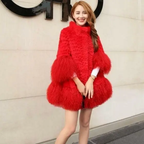 Женская модная шуба из натурального кроличьего меха с рукавами овечьего