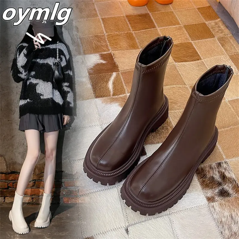 

Женские ботинки на толстой подошве, новинка осень-зима 2022, эластичные ботинки с круглым носком, универсальные полуботинки из искусственной ...