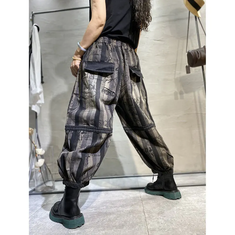 Женские брюки Steetwear в стиле ретро весенние свободные джинсы полоску с буквами и