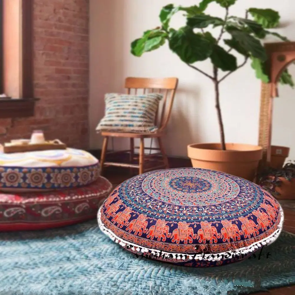 

43CM Round Bohemian Mandala Pattern Pillowcase Indian Elephant Printed Cushion Cover Boho Meditation Floor Pillows Case