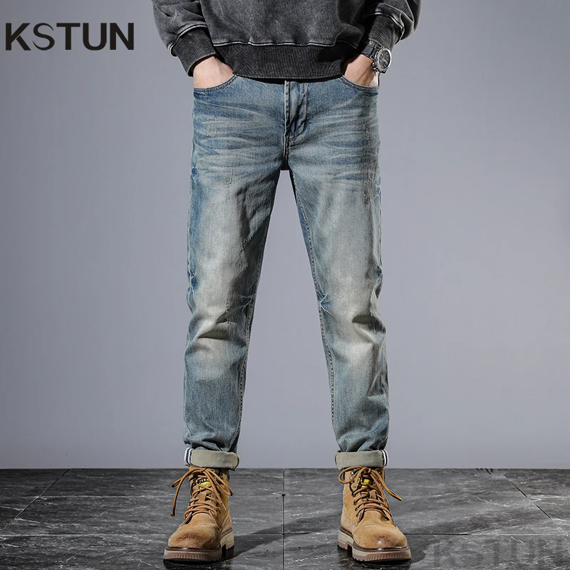 Мужские облегающие джинсы KSTUN эластичные повседневные брюки из денима для