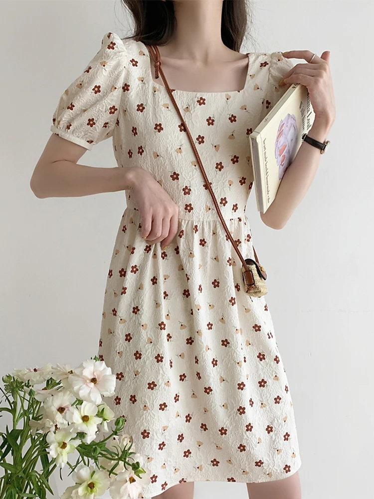 

Vintage Japan Style Printing Square Collar Short Puff Sleeve Party Floral Mini Dress Elegant Evening Summer 2022 Women Clothes
