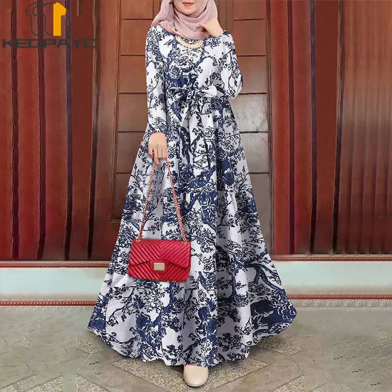 New Muslim Women Dubai Abaya Cotton Linen Long Dress Kaftan Islam Arab Vintage Print Loose Dresses Robe Middle East Eid Clothing
