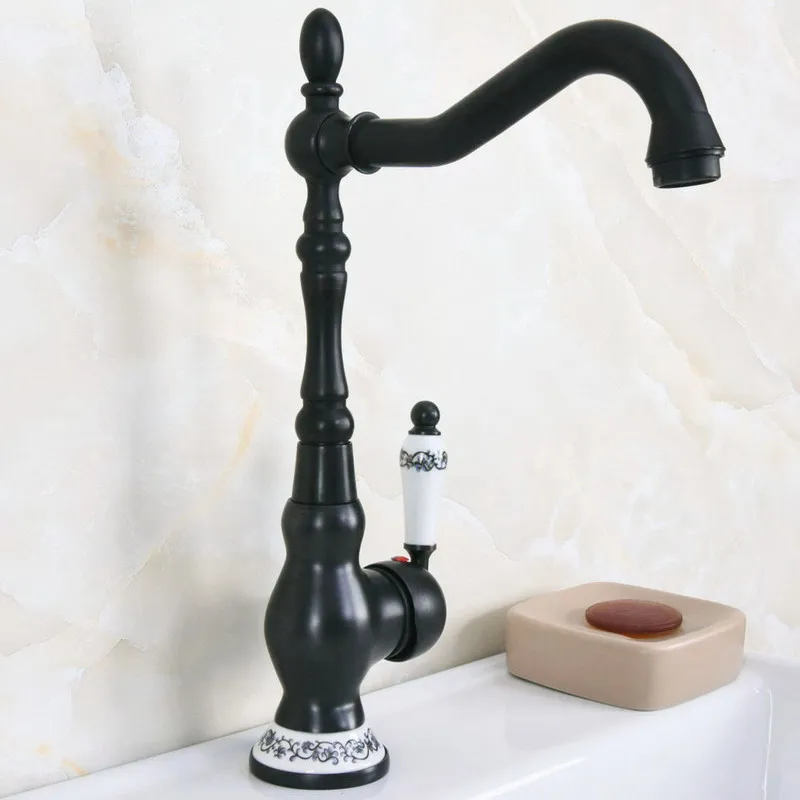 

Black Oil Rubbed Bronze One Ceramic Flower Handles Bathroom Kitchen Basin Sink Faucet Mixer Tap Swivel Spout Deck Mounted mnf656
