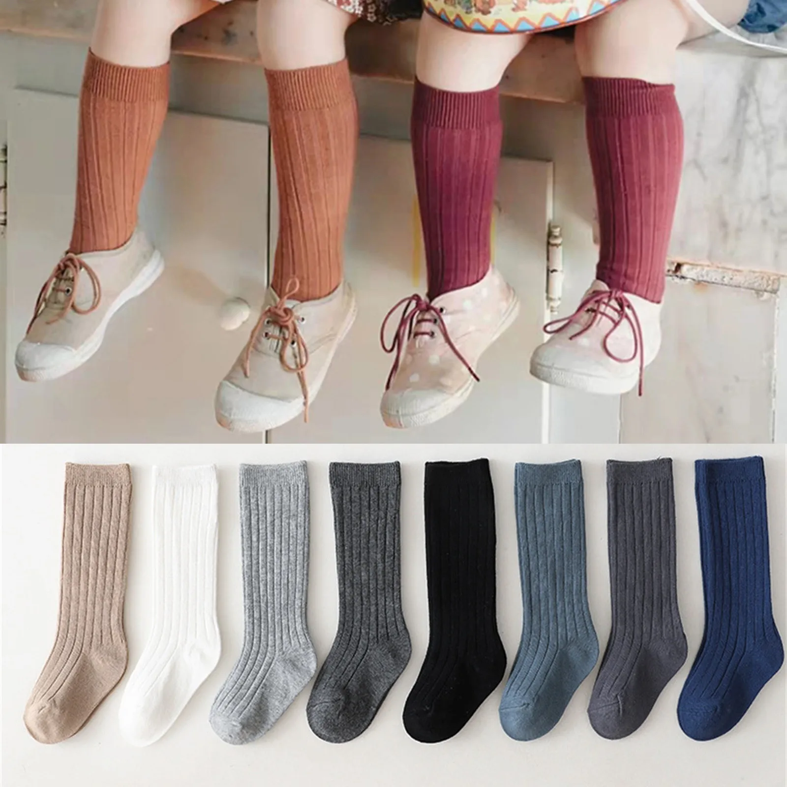 

1/2/3 Pcs Baby Socks Infants Toddlers Baby Girls MIddle Socks Solid Color Ribbed Long Stockings Ruffled Socks School Leggings