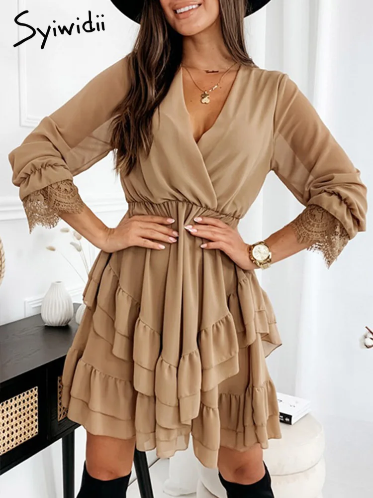 

Syiwidii Ruffles Mini Dresses for Women Elegant Ladies V Neck Elastic Waist Mesh Long Sleeve Spring Summer 2022 Casual Sundress