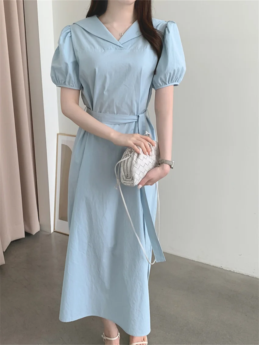 

HziriP Chic Summer Sailor Collar Women Slim Long Dress New Elegant Fashion 2022 OL Casual Short Sleeves Hot Lady Sweet