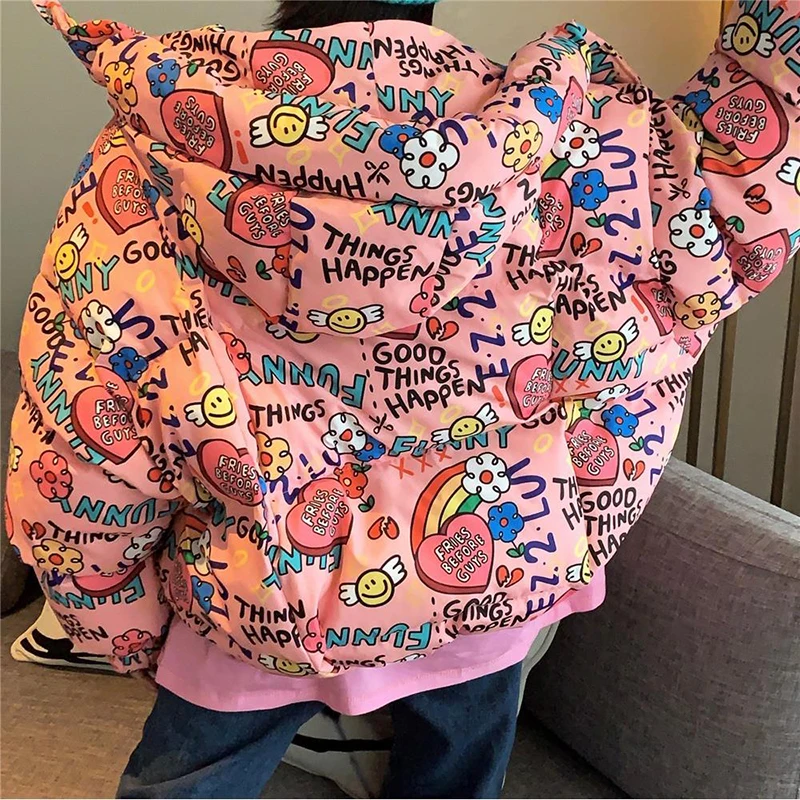 New Women's Puffy Jacket Graffiti Loose Bubble Jacket Thick Warm Hooded White Duck Down Bread Jacket Women Winter Jacket Women