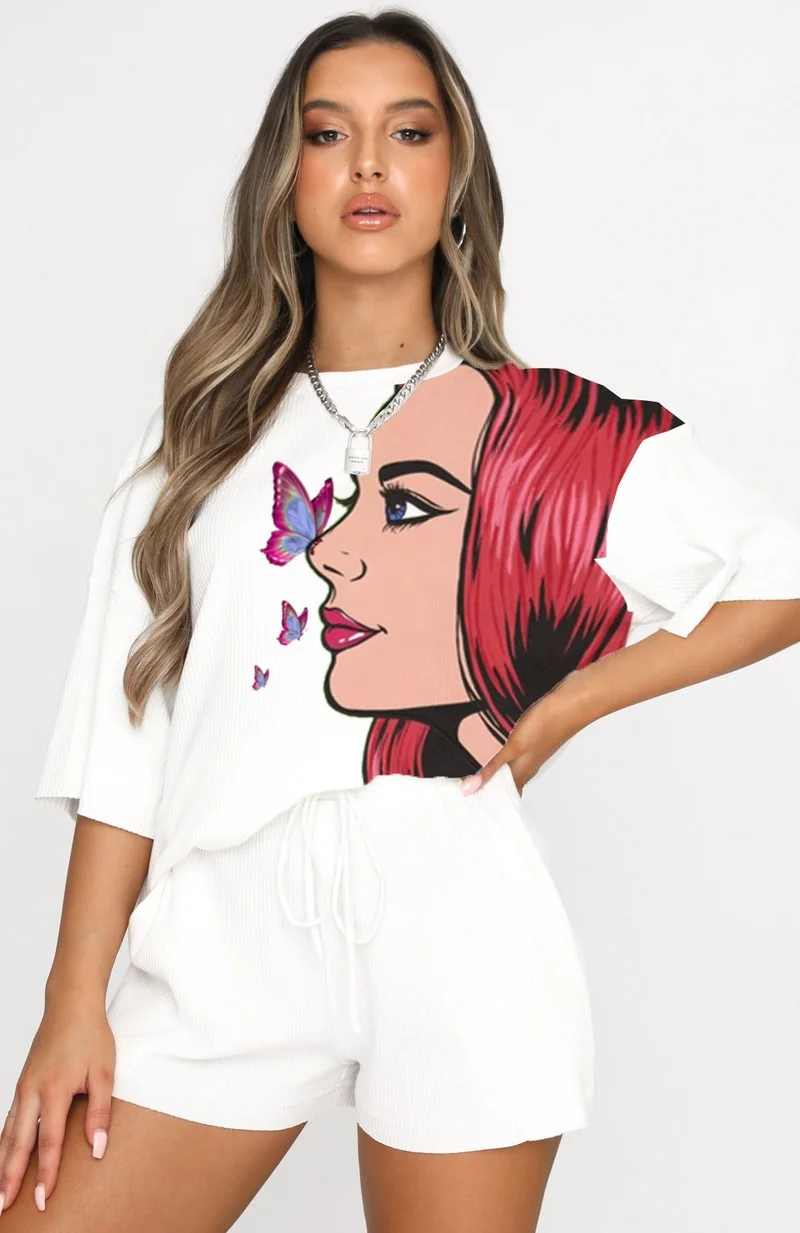 

Fashion Casual Women Tracksuit Two Piece Set Summer Clothing Print T-shirt Top and Shorts Suits Women's Sets 2022 Vintage Sexy