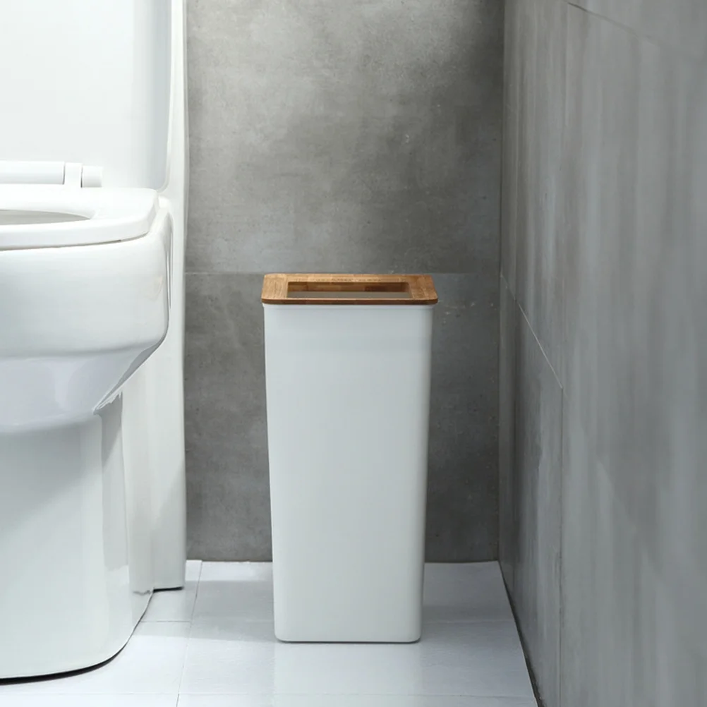 

Rectangular Trash Can with Wooden Lid Ring Large Wastebasket White Garbage Bin Can Trash Container for Office Home Collector