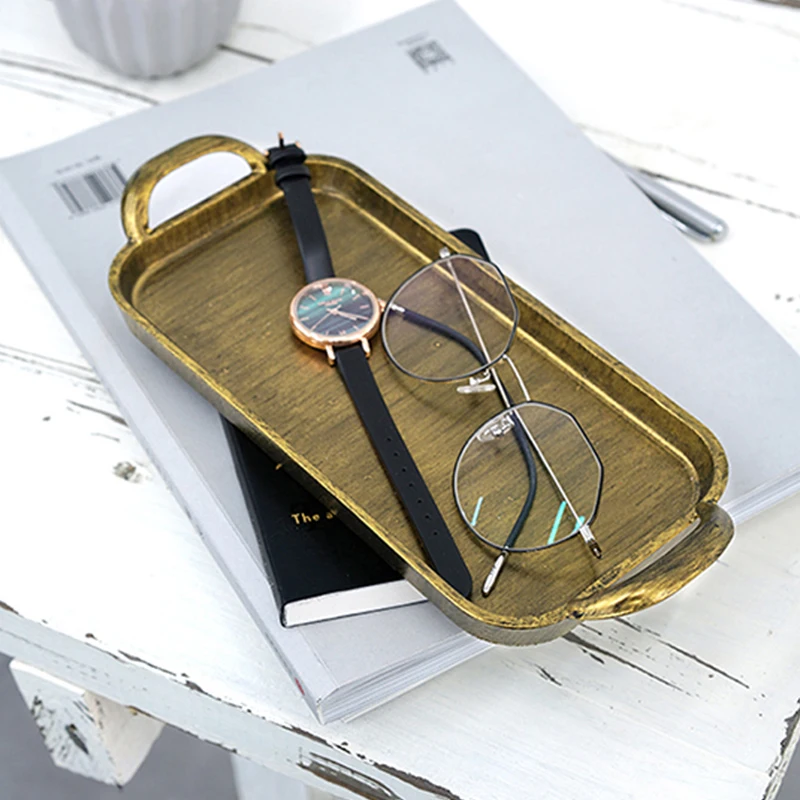 

Retro Metal Storage Tray Rectangle Dessert Cake Serving Tray with Handle Jewelry Cosmetic Organizer Home Coffee Table Decor