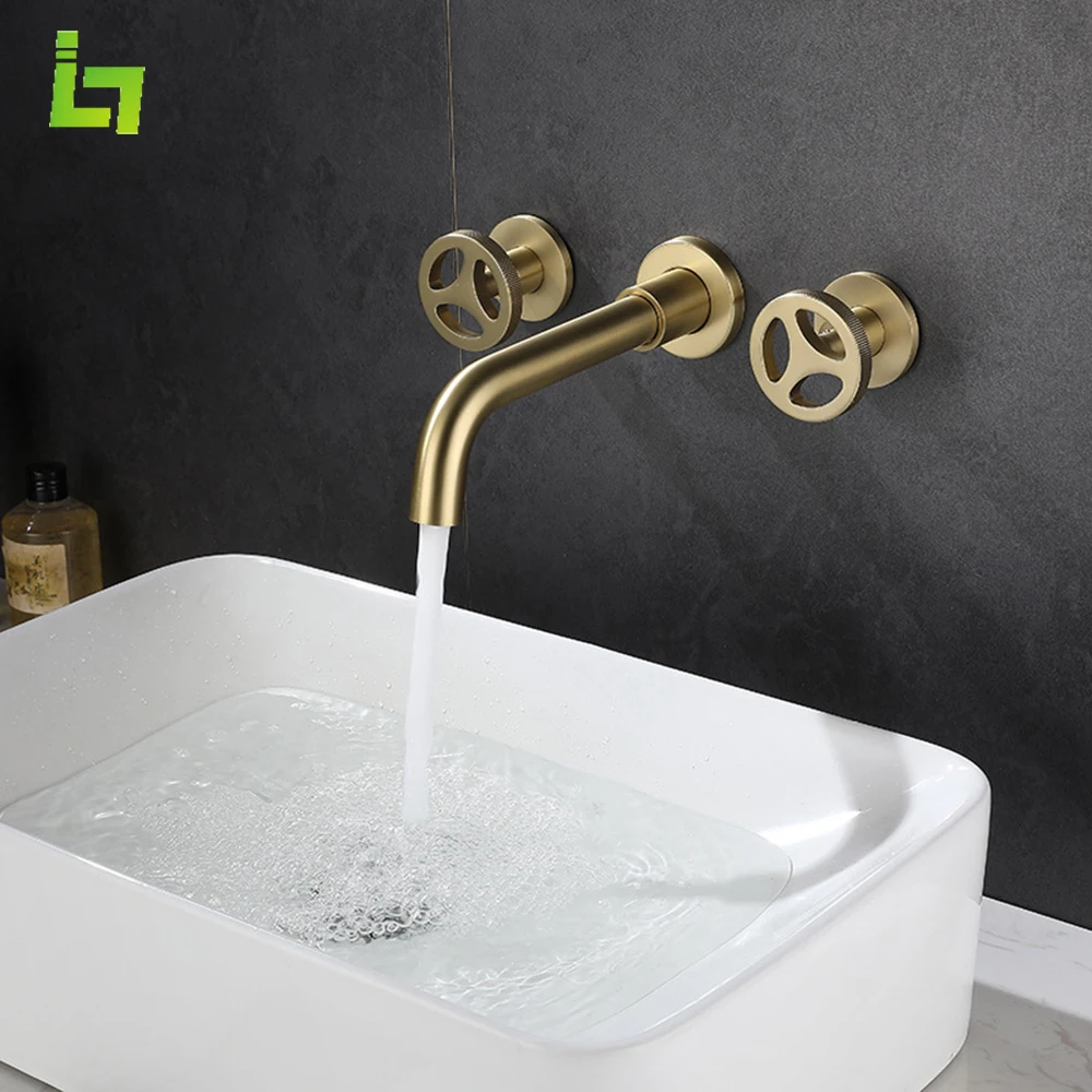 

Высококачественный смеситель для раковины, настенный кран с двумя ручками, матовый золотой кран для раковины в ванной комнате