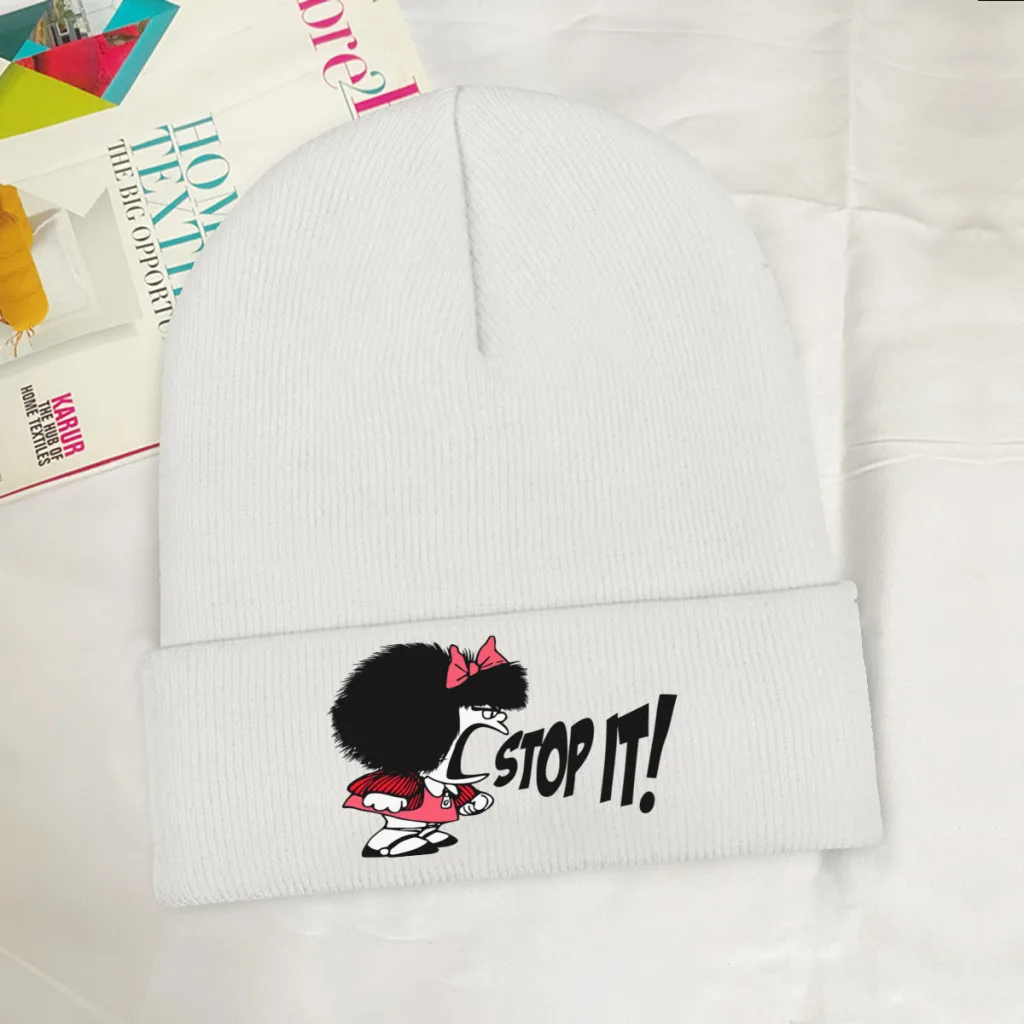 

Stop It Skullies Beanie Mafalda Quino Comics Manga Girl Knitted Bonnet Adults Warm Caps Camping Street Brimless Elastic Hats