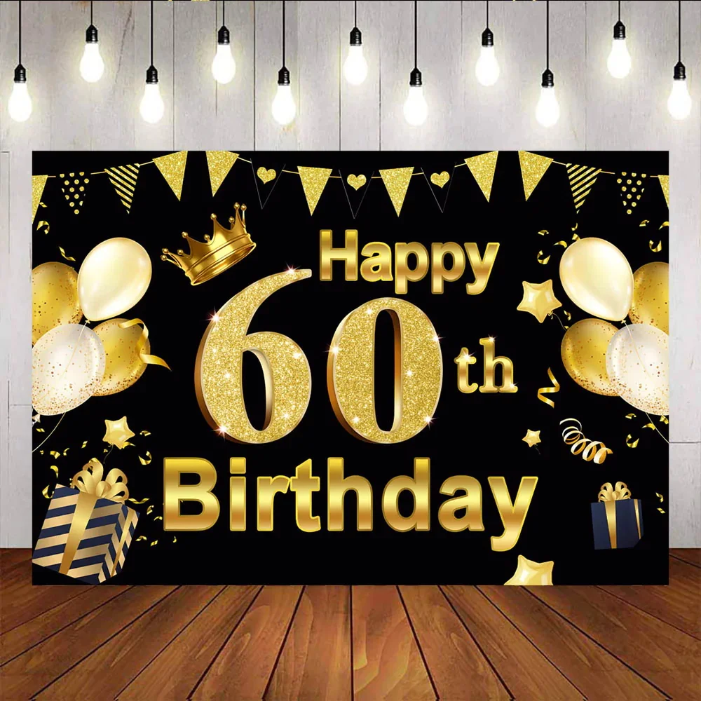 

Happy 60th Birthday Backdrop Golden Crown Ribbon and Balloon Background Cake Table Banner Photography Decor Poster for Women Men