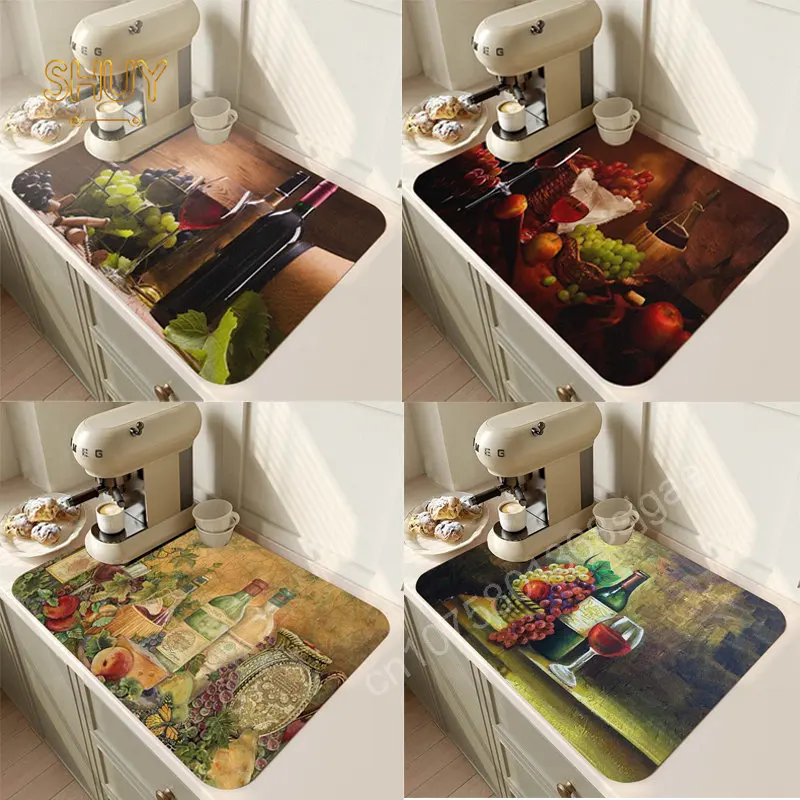 

Grape Wine Vintage Drain Pad Super Absorbernt Kitchen Dish Drying Mat Waterproof Non Slip Placemat Living Room Home Decoration