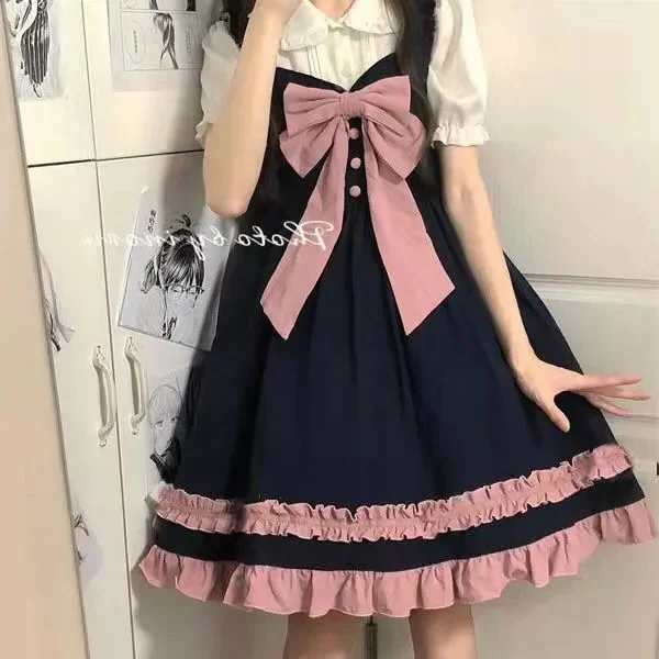 

Женское платье-камисоль с бантом, розовое ТРАПЕЦИЕВИДНОЕ платье до колен в японском стиле, летние платья в стиле сладкой Лолиты, Y2k, в стиле Х...