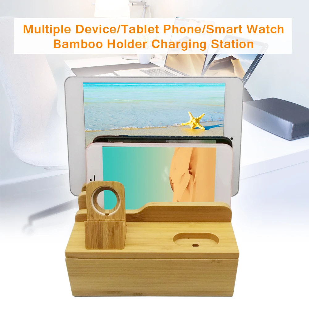

Charging Station Office Tablet Phone Home Desktop Multiple Device Bamboo Holder Universal Smart Watch Organizer Storage Solid