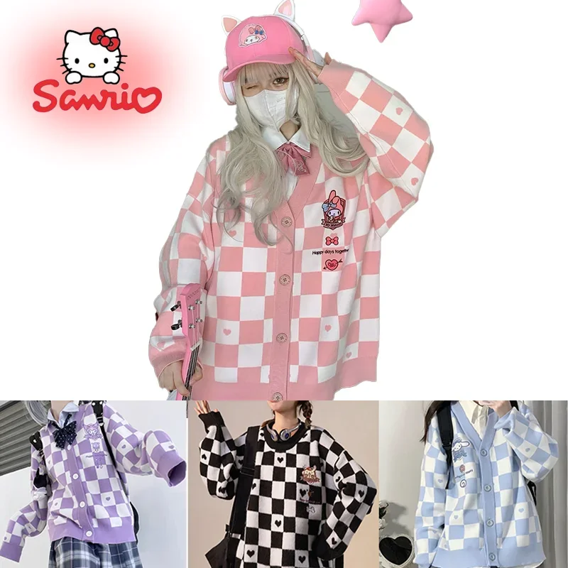 

Kawaii Kuromi My Melody Cinnamoroll Sanrioes Wool Sweater V-Neck Waistcoat Vest College Lolita Girl Clothing Anime Peripherals